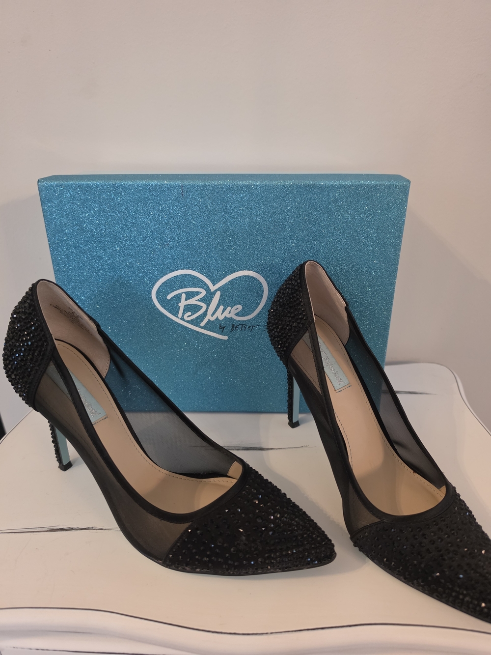 Betsey Johnson Black Crystal Mesh Pointed-Toe Stilettos